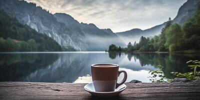 AI generated Photorealistic composition of a mug with a drink against the backdrop of a lake and mountains photo