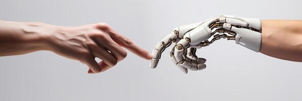 AI generated technological progress, artificial intelligence. human hand and robot hand. photo