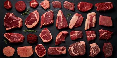 AI generated A set of juicy raw steaks and meats with spices and herbs. On a dark background. Flat lay photo