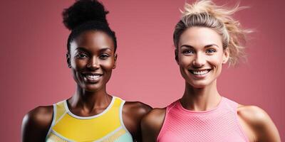 AI generated two smiling girls athletes in sportswear, of different nationalities. ethnic diversity, sports, running, track and field photo