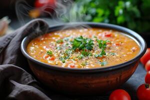 AI generated Photorealistic image of a cup of hot delicious tomato soup photo