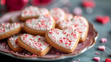 ai generado un plato de hecho en casa en forma de corazon galletas con Formación de hielo y asperja. símbolo de San Valentín día, amor y relación foto