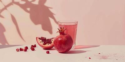 AI generated Photorealistic image of pomegranate juice in a glass next to the fruit photo