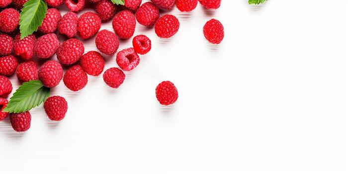 AI generated Frame with fresh raspberries on a white background with space for text photo