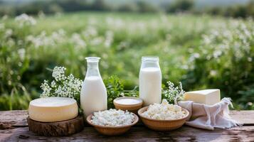 AI generated Milk and several types of cheese and cottage cheese on a wooden table on a farm against a field, dairy farm products photo