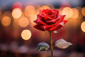 ai generado un rojo Rosa en lleno floración hermosa en bokeh antecedentes foto