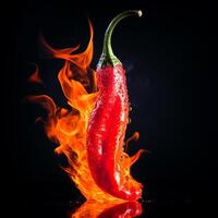 AI generated Chili pepper with fire. Photorealistic red hot pepper on fire on a black background. photo