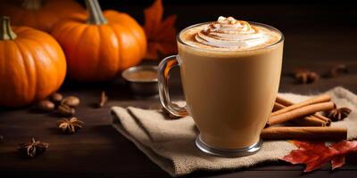 AI generated Photorealistic image of a mug of cappuccino against a background of ripe pumpkins on a dark background. Thanksgiving Coffee photo