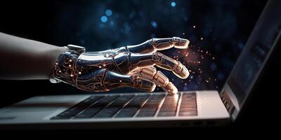 AI generated technological progress, artificial intelligence. robot hands working at the computer photo