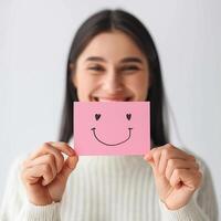 AI generated The girl is holding a card with a smiling emoji. emotion photo