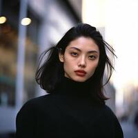 AI generated photorealistic portrait of a young Asian female model against a city background photo