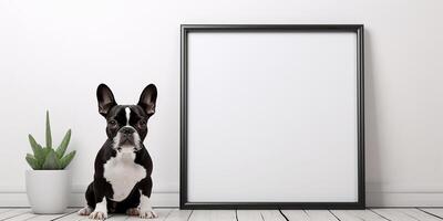 AI generated mockup, a picture in a frame stands on the floor, against the background of a white wall next to a cute French bulldog dog. minimalist interior photo