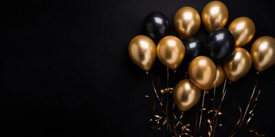 AI generated black and gold balloons on a black background. Black Friday photo