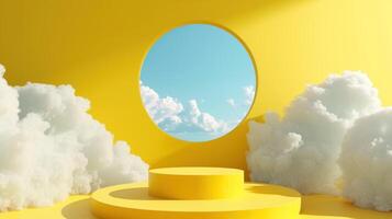 AI generated sunny yellow background with white clouds and blue round hole empty podium for product presentation photo