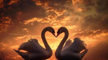 ai generado dos cisnes haciendo un corazón forma a puesta de sol formando un modelo de amor foto