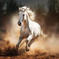 AI generated white horse stallion runs gallop photo