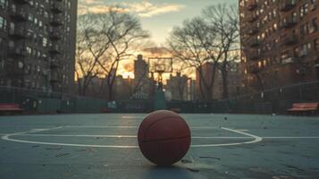 AI generated basketball still in the middle of an empty city basketball court photo