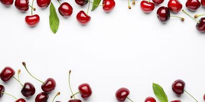 AI generated Frame with fresh cherries on a white background with space for text photo