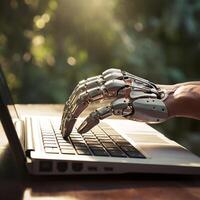 AI generated technological progress, artificial intelligence. robot hands working at the computer photo