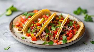 ai generado mexicano calle alimento. conjunto de taco porciones en un plato foto