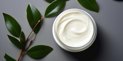 AI generated flat lay, a jar of face cream on a light background. cosmetics, skin care. cosmetic product advertisement photo