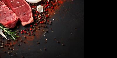 AI generated Raw steak on the grill on a dark background. Piece of meat with salt, pepper and herbs photo