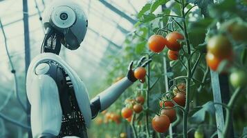 AI generated A robot grows tomatoes in a greenhouse. photo