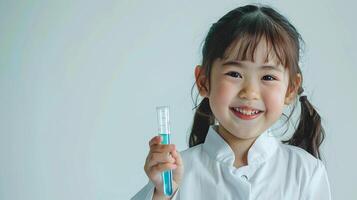 ai generado pequeño asiático niña participación un prueba tubo en su mano aislado en blanco antecedentes foto