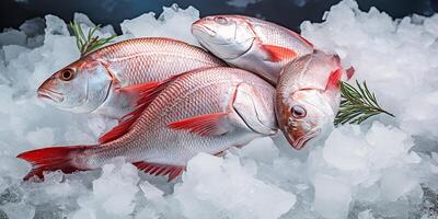 AI generated Photorealistic image of freshly caught sea fish on an ice bed photo