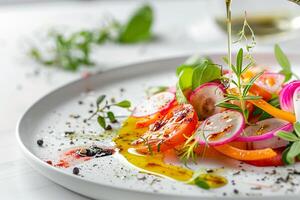 ai generado de cerca de vegetal ensalada con aceituna petróleo torrencial foto