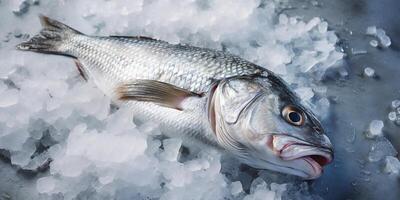 ai generado fotorrealista imagen de recién atrapado mar pescado en un hielo cama foto