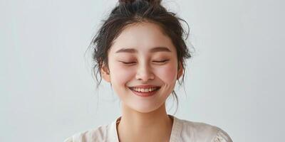 AI generated Portrait of a happy romantic Asian woman waiting for a surprise, with eyes closed and smiling isolated on light background photo