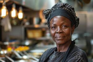 ai generado retrato de sonriente hembra cocinero en restaurante cocina foto