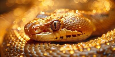 AI generated Close-up. Gold colored snake. photo