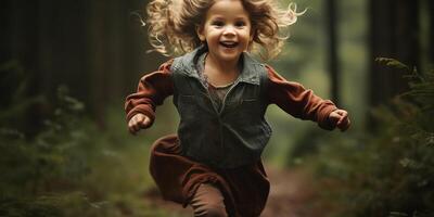 AI generated A happy child runs and has fun in the forest among the trees. Happy child playing in the sun. photo