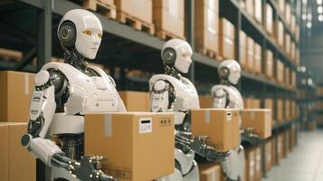 AI generated A humanoid robot works in a warehouse. Robotic system working in warehouses, artificial intelligence technology concept. photo