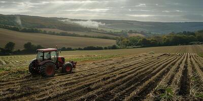 ai generado un granjero cultiva un campo en un tractor. agricultura foto