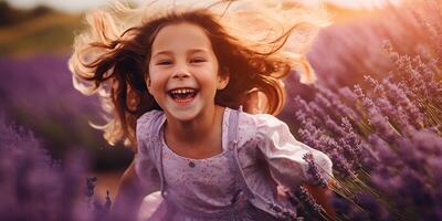 AI generated A happy girl runs and has fun in a lavender field. Happy child playing in a meadow of blooming lavender. photo