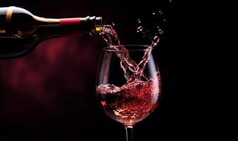 AI generated red wine pours splashes into a glass on a dark background photo