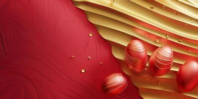 AI generated Gold and red Easter eggs on a red background. Happy Easter card. Copy space. Easter background. photo