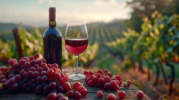 AI generated A bottle of red wine with a glass against the background of a vineyard in the light of the sun, background photo