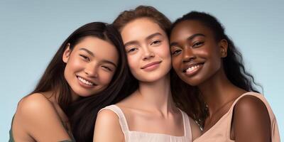 AI generated portrait of beautiful girls of different nationalities African, Asian, European models photo