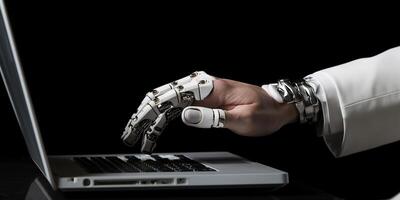 ai generado tecnológico progreso, artificial inteligencia. robot manos trabajando a el computadora foto