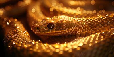 AI generated Close-up. Gold colored snake. photo