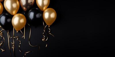 AI generated black and gold balloons on a black background. Black Friday photo