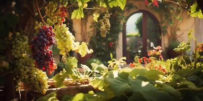 AI generated juicy, ripe grapes, soft light. there is a garden in the background. harvest time photo