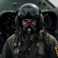 ai generado realista imagen de un militar aeronave piloto. antes de un combate misión foto