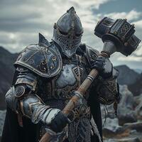 AI generated Fantasy knight armed with a war hammer. photo