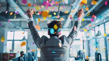 AI generated Happy businessman celebrating success. Joy, victory, confetti in the office photo