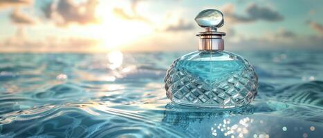 AI generated luxury glass perfume bottle with sea water on empty background in blue ocean theme as wide banner with copy space area photo